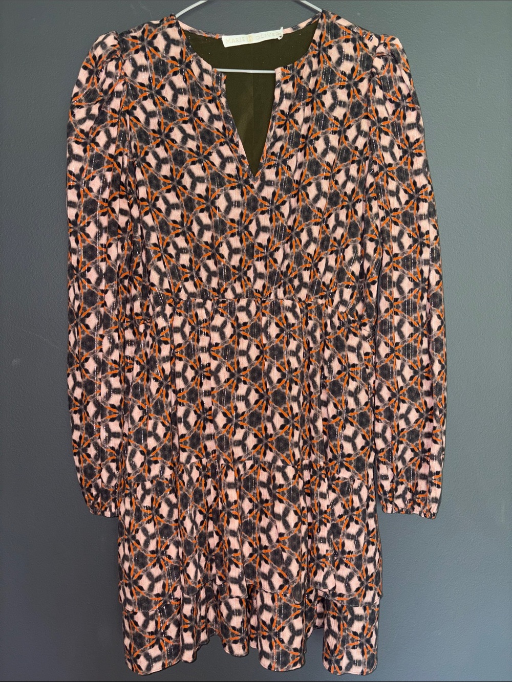 Marie Oliver small brown, tan & Orange Geometric V-Neck Long Sleeve Dress